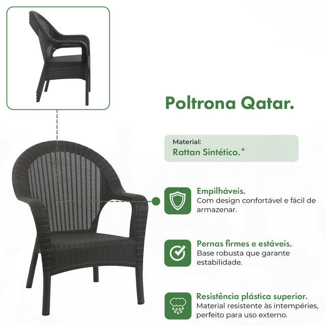 Kit 2 Poltronas de Jardim Rattan Qatar + Mesa Capri