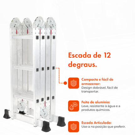 Escada Articulada de Alumínio Multifuncional 12 Degraus e Altura de 3,30 Metros