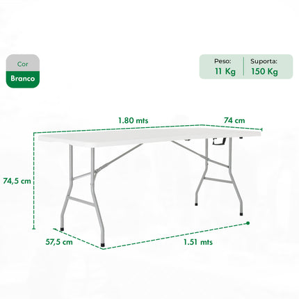 Mesa Dobrável Vira Maleta Portátil 1,80m Camping Premium