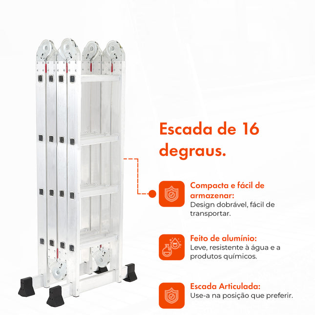 Escada Articulada de Alumínio Multifuncional 16 Degraus e Altura de 4,32 Metros
