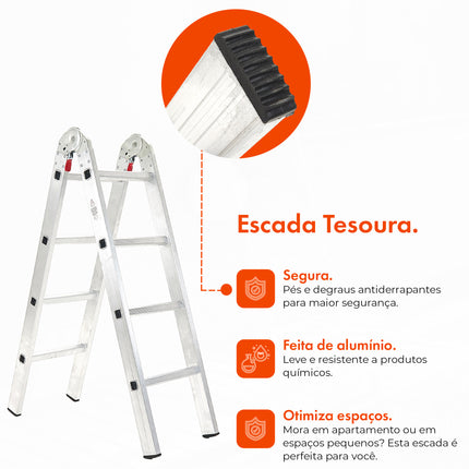 Escada de Alumínio - 8 Degraus - 2,22 Metros de Altura Total