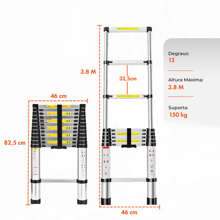 Escada Telescopica Extensiva Aço Inoxidável 13 Degraus 3,8m