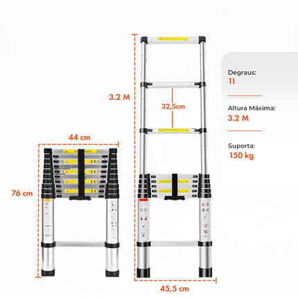 Escada Telescópica Extensiva - 11 Degraus - 3,20 Metros